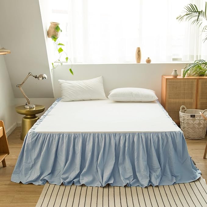 BISELINA French Linen Bed Skirt with Pleated Frills 14-Inch Tailored Drop Natural Flax Cotton Blend Dust Ruffle Soft Cozy Farmhouse Bedding (14" Queen, Dusty Blue)
