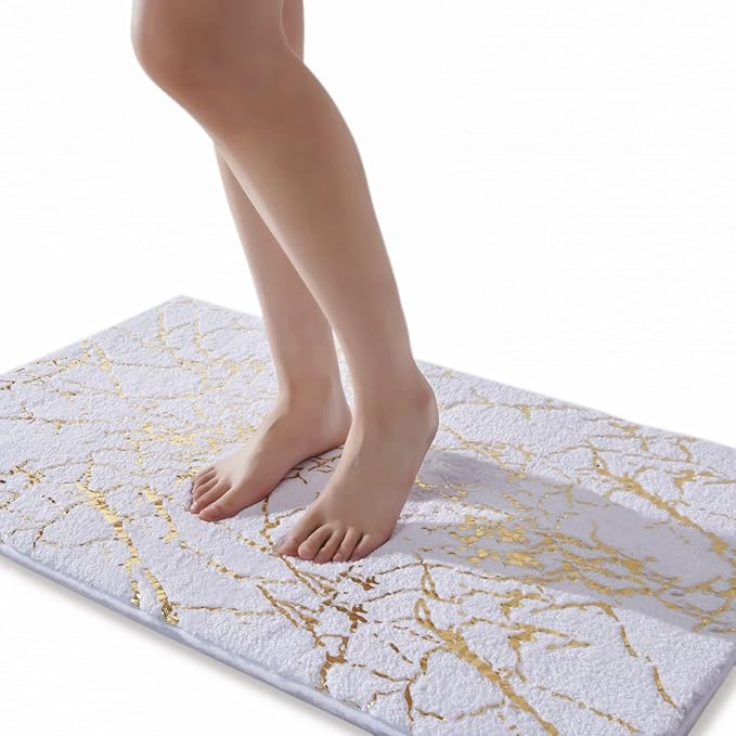 QJHOMO Marble Bathroom Rug White and Gold Decor Bathroom Rugs Non Slip Bath Mat Super Absorbent Microfiber Plush Bathmat Machine Washable Floor Carpet for Tub, Shower, Bedroom (24x36 inch)