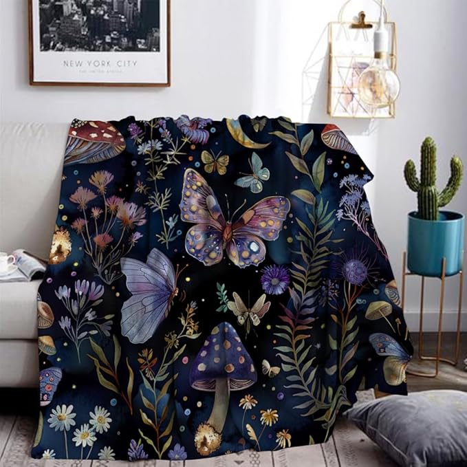 Celestial Witch Garden Throw Blankets Butterfly Moon Flower Fleece Throw Blanket,Dark Botanical Floral Plant Boho Cozy Decor Nap Blankets for Sofa Bed Couch Chair or Dorm Throws 40"x50"