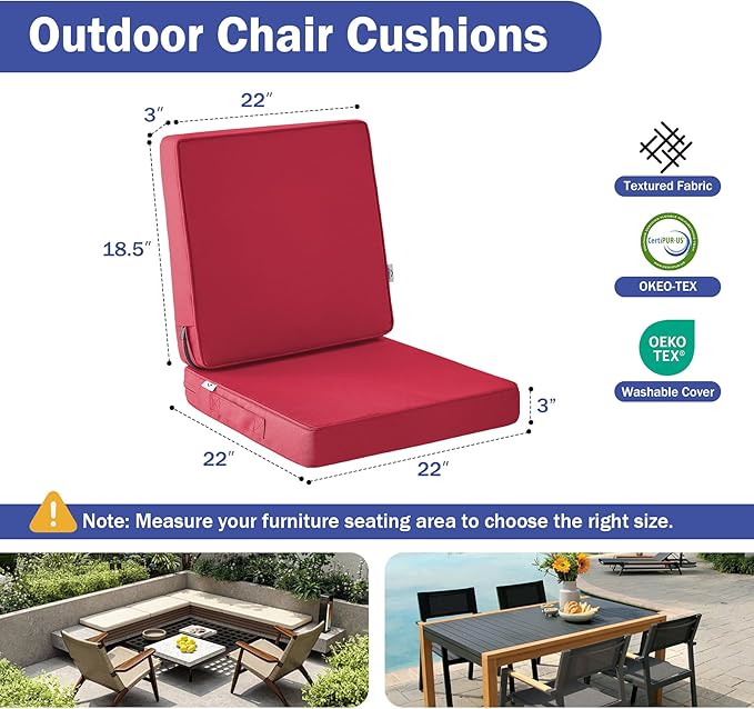 Outdoor Chair Cushions, Christmas Red Patio Chair Cushions 22x22x3 Inch, Waterproof Outdoor Cushions with Removable Cover for Sofa, Fade Resistant Patio Cushions for Outdoor Furniture