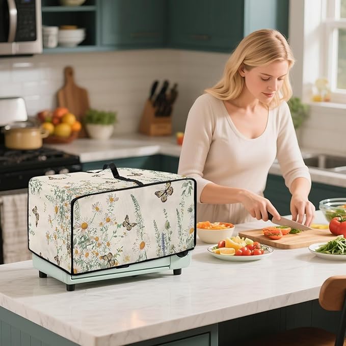 Butterfly Daisy Floral Print Microwave Oven Dust Cover Dust-Proof Heavy Duty Microwave Oven Cover with Storage Pockets Waterproof Decor Accessories for Kitchen, L
