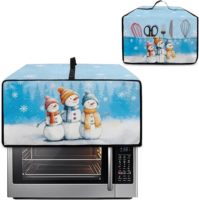 Christmas Air Fryer Toaster Oven Dust Cover Protective Convection Oven Cover with Side Pockets, Decorative Small Kitchen Appliances Protector for Holiday Decor, L, Snowman Snowflake Blue