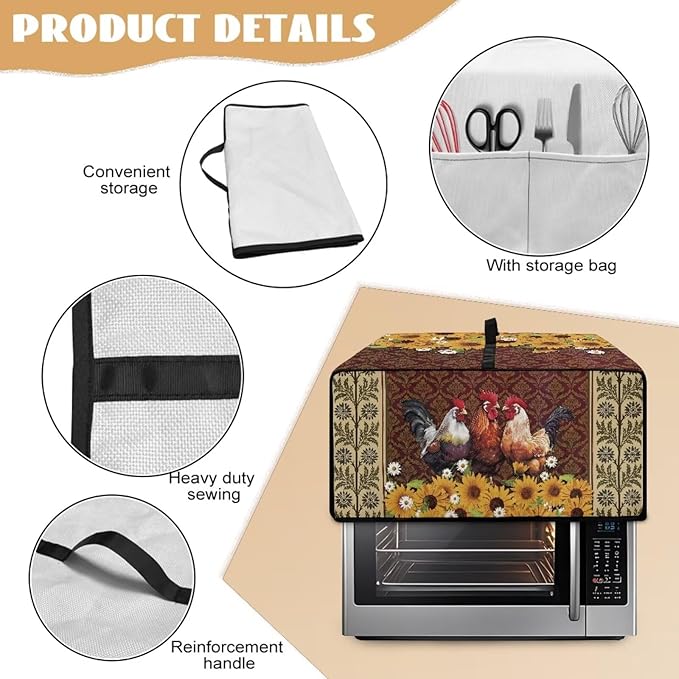 Microwave Oven Cover Waterproof Heavy Duty Microwave Oven Dust Cover with Storage Pockets Reusable Decor Accessories for Kitchen, Vintage Rooster Chicken Sunflower Daisy Floral Print, M