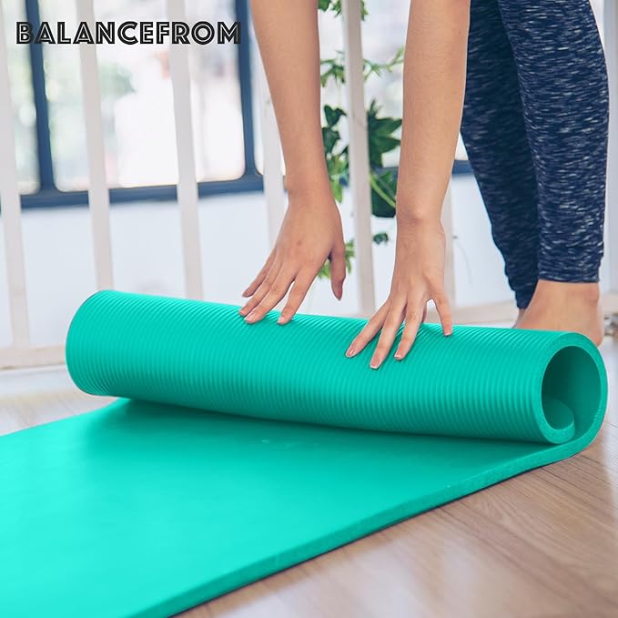 BalanceFrom GoCloud 71x24 Inches Extra Thick Yoga Mat 1-Inch High-Density Foam – Roll-Up Exercise Pad with Double-Sided Non-Slip Surface and Carrying Strap for Pilates and Home Workouts