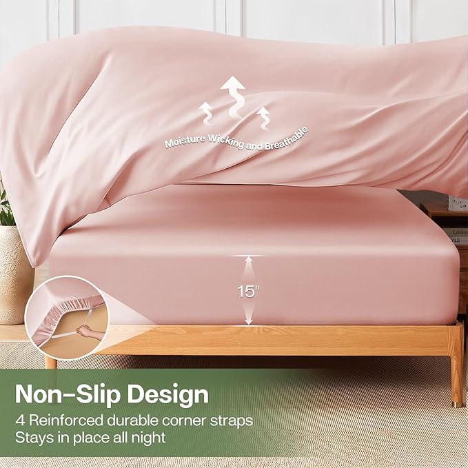 MR&HM King Fitted Sheet Only, Ultra-Soft Rayon Derived from Bamboo & Polyester Blend, Silky & Breathable, 15" Deep Pocket with Elastic Straps, Cooling Fitted Sheet for Hot Sleepers, Pink