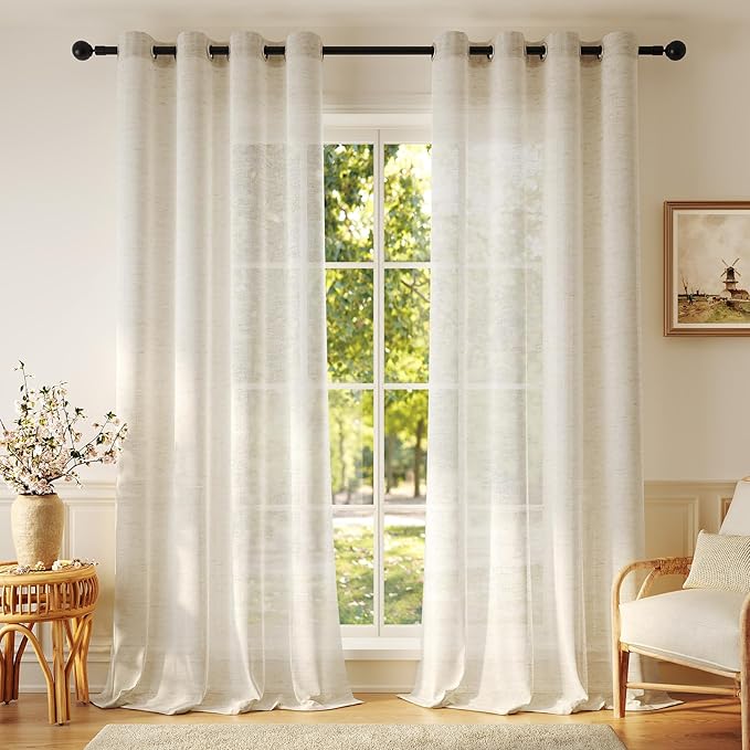 Anmao Flax Linen Curtains for Living Room 96 Inch Length 2 Panels Set, Light Filtering Sheer Window Curtain Drapes for Bedroom with Nickel Grommet, 52 Inch Wide Each Panel, Natural Color