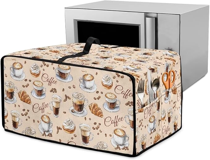 Waterproof Microwave Oven Dust Cover Heavy Duty Microwave Oven Grill Cover Dustproof Kitchen Machine Covers Case Protections for Toaster Oven, Coffee Cup Bean Bread Cream Print, L