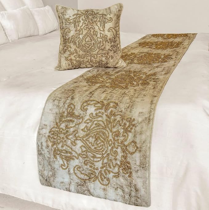 The HomeCentric King/Queen/Twin Ivory & Gold Designer CA King 86"x18" Bed Runner Without Pillow Cover, Beaded & Foil Bed Scarf on Silk Fabric - Foil Damask Gold