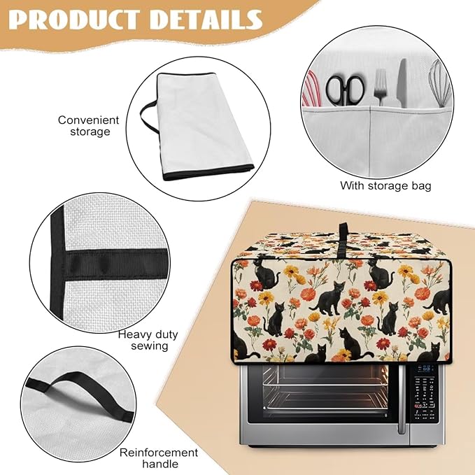 Black Cat Rose Daisy Floral Print Microwave Oven Cover with Storage Pockets Toaster Oven Dust Cover Universal Dustproof Kitchen Appliance Protector Suitable for Most Microwave Ovens, L