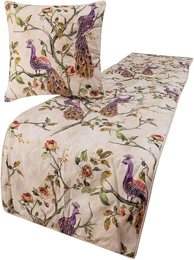 The HomeCentric King Queen Twin Ivory & Multicolor Decorative CA King 86"x18" Bed Runner with 2 Pillow Cover, Peacock Bed Scarf on Cotton Printed with Beads Fabric - Peacock Queen