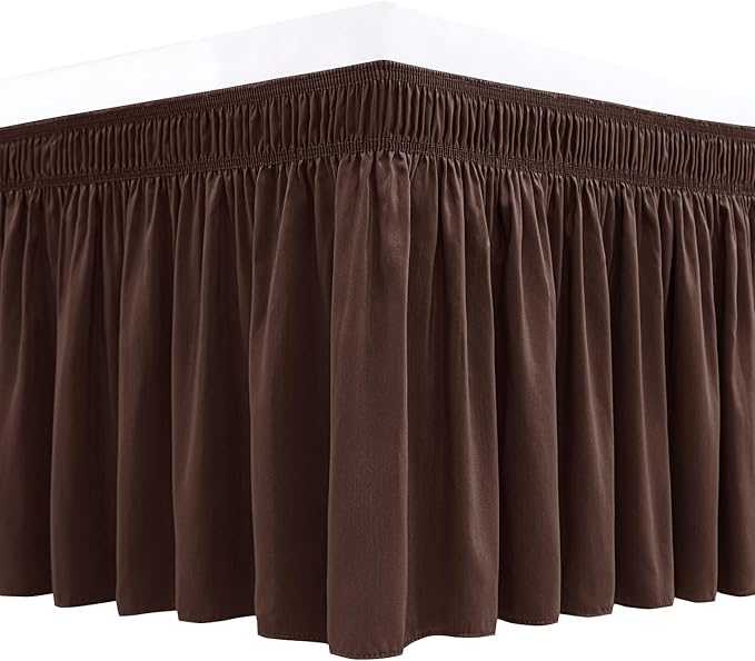 Biscaynebay Wrap Around Bed Skirts for Queen Size Beds 18" Drop, Brown Adjustable Elastic Dust Ruffles Easy Fit Wrinkle Resistant Silky Luxurious Fabric Machine Washable