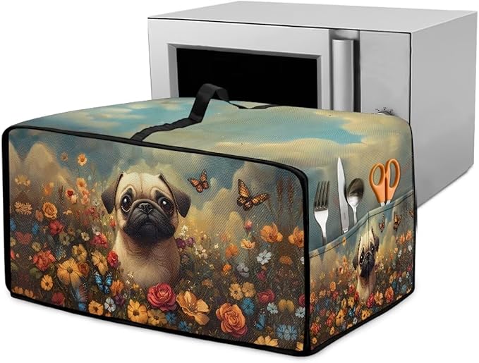 Cute Pug Dog Floral Butterfly Print Microwave Oven Dust Cover Dust Cover for Microwave Oven Universal Foldable Small Appliance Dust Covers Dirt and Fingerprint Protection, S