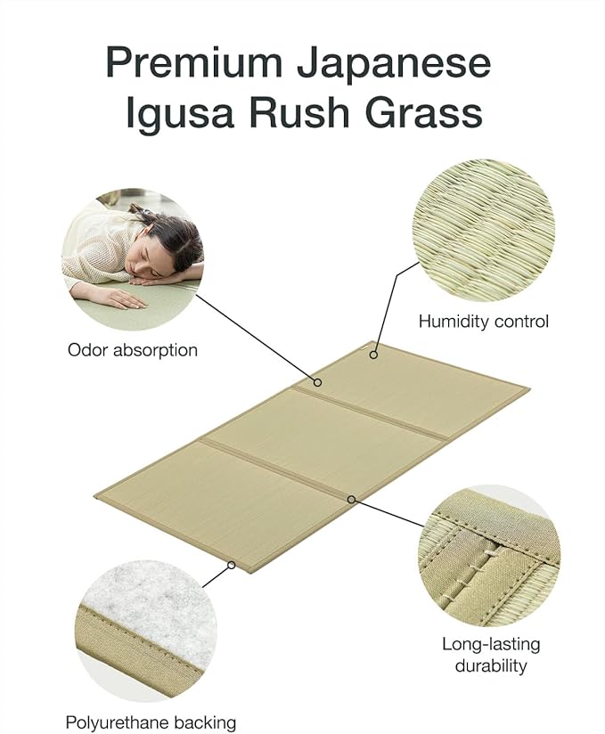 FULI Japanese Tatami Mattress, Tatami Rug, Igusa Mat (Japanese Rush Grass) Foldable, Made in Japan (Natural, King)