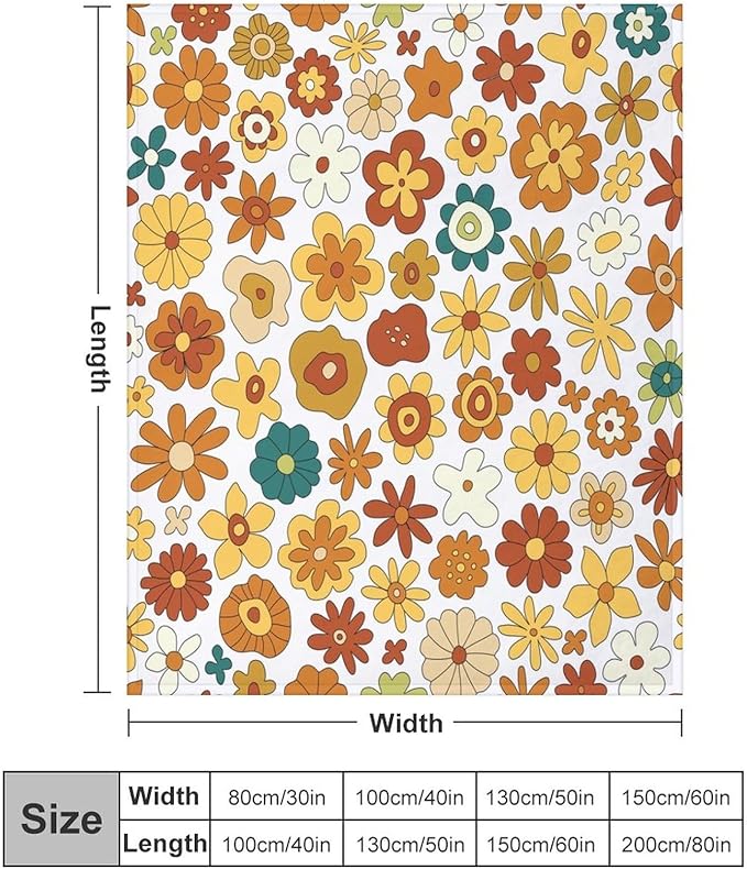 Vintage Hippie Floral Blanket, 70s Boho Abstract Yellow Orange Flowers Funny Print Throw Blanket for Holiday Theme Home Decor Bedding Couch 40"x50"