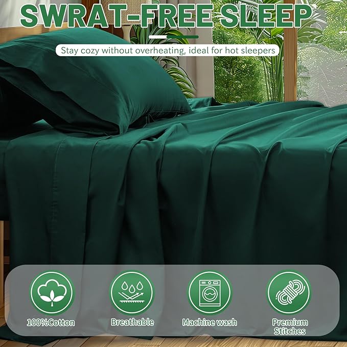 Extra Deep Pocket California King Sheets 18-24 Inch 100% Egyptian Cotton 1000 Thread Count Sateen Weave Soft Breathable 4 Pieces（California King,Dark Green）