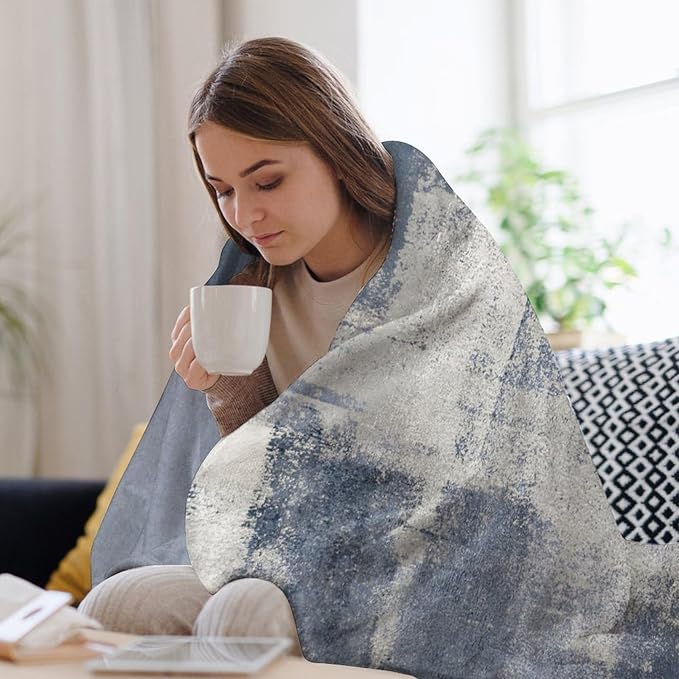 Abstract Gradient Blanket, Modern Fashion Art Blue Grey Painting Strokes Pattern Soft Warm Cozy Plush Flannel Covers for Livingroom Bedroom Couch Chair Camping Travel Home Decor Tapestry 60x80in