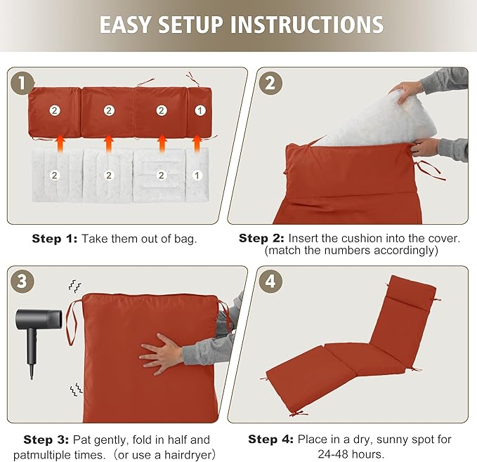 Chaise Lounge Cushion 80x26x3 Inch ?Set of 2 Outdoor Lounge Chair Cushions, Lounger Pad Replacement with Fade-Resistant, Removable & Machine-Washable Covers, Ideal for Patio Chaise Chairs, Rust