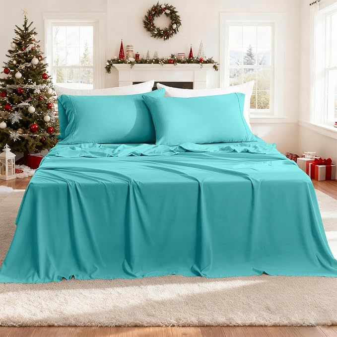 Silky Soft Queen Size Sheet Set - Luxury 4 Piece Breathable Cooling Sheets for Queen Size Bed, 16" Deep Pocket Easy Care Wrinkle Free Bedding Sheet and Pillowcase Set, Turquoise