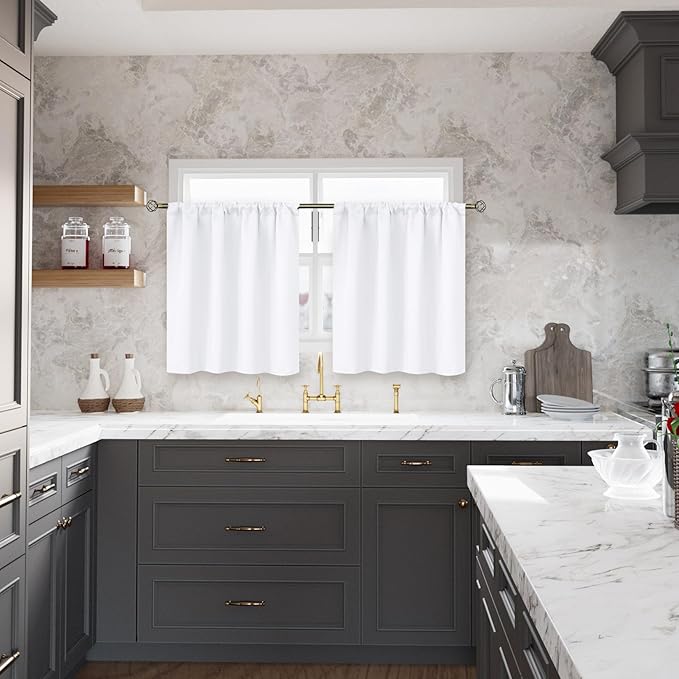 BGment White Curtains 48 Inches Length for Window - Rod Pocket 34 Inch Wide Short Drapes for Bedroom Kitchen Cabinet Cafe Basement Privacy, 2 Panels, 34 x 48 Inch