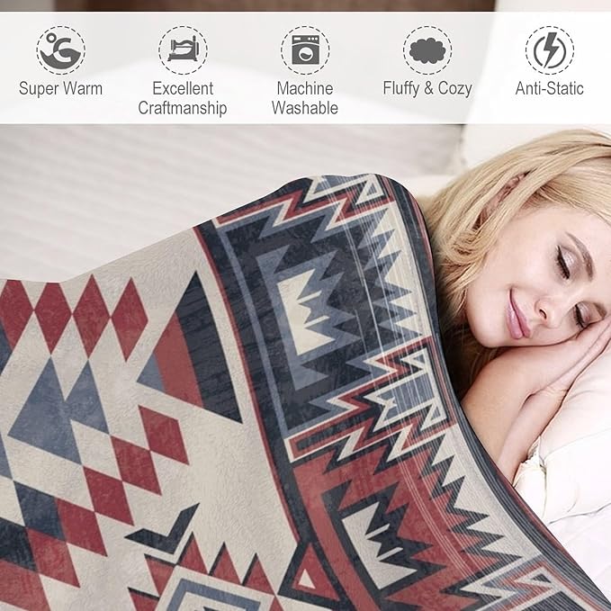 Southwest Blanket, Tribal Indian Throw Blanket Red Black Aztec Ethnic Geometric Print Blanket for Couch Bed Sofa Cover Throw Home Decor 50"x60"