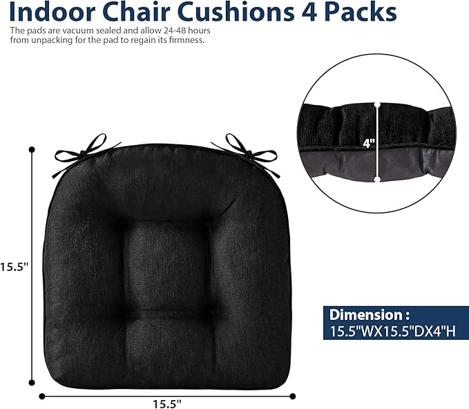 Chair Cushions for Dining Chairs, Seat Cushions for Kitchen Chairs, Indoor Seat Cushions with Ties, Tufted Foam Chair Pads, Non Slip Chair Cushions Set of 4, 15.5" x 15.5" x 4", Black