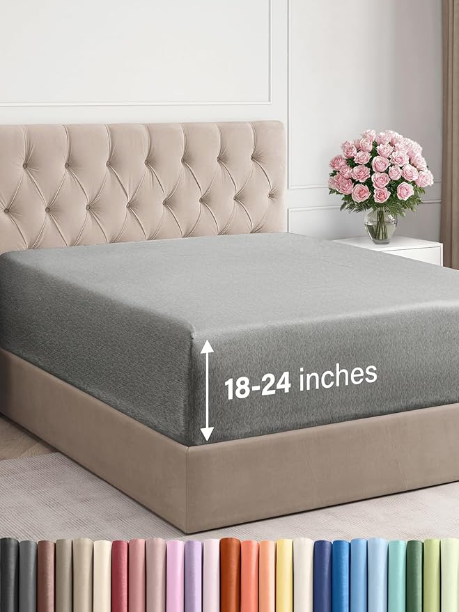 Extra Deep Cal King Fitted Sheet - Hotel Luxury Single Fitted Sheet Only - Easily Fits 18 to 24 inch Mattress - Soft, Wrinkle & Fade Free with Extra Deep Pockets - Breathable & Comfy - Heathered Grey