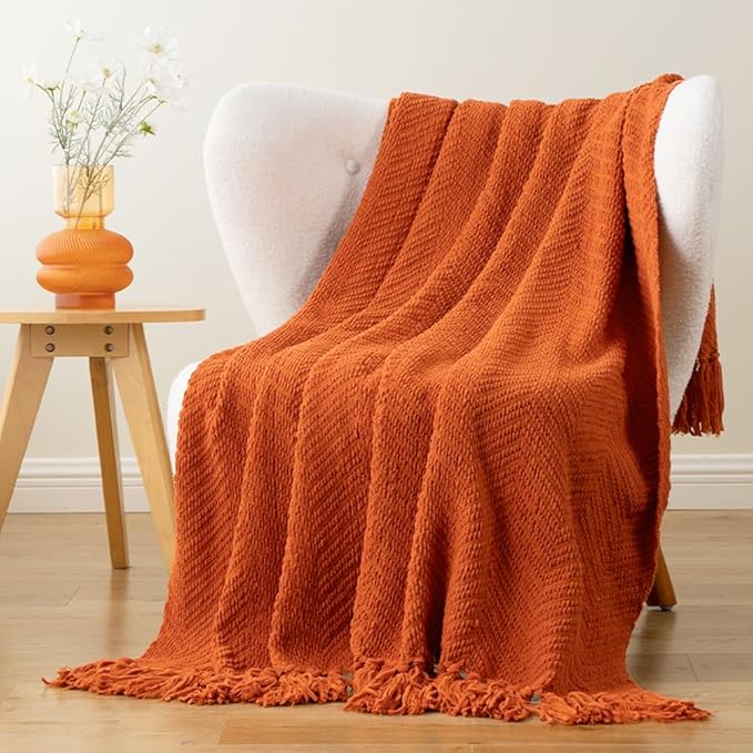 BATTILO HOME Burnt Orange Throw Blanket for Couch, Knit Fall Decor Blanket Versatile for Chair, Decorative Halloween Blanket with Tassels for Twin Bed, 60" x 80"