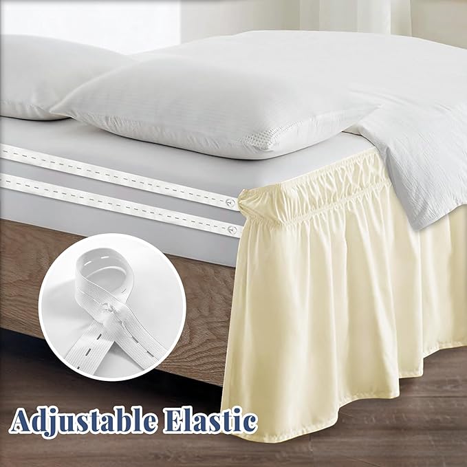 King Bed Skirt, Elastic Wrap Around Bed Skirt King Size, Bed Skirts for Adjustable Bed, Easy Fit with 18" Drop Length Tailored Drop Dust Ruffle (Light Yellow)