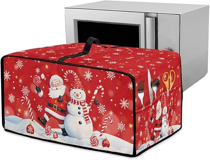 Christmas Toaster Oven Dust Cover Dustproof Smart Oven Air Fryer Microwave Cover with Side Pockets, Electric Appliance Protector for Kitchen, M, Santa Claus Snowman Candy Cane Red