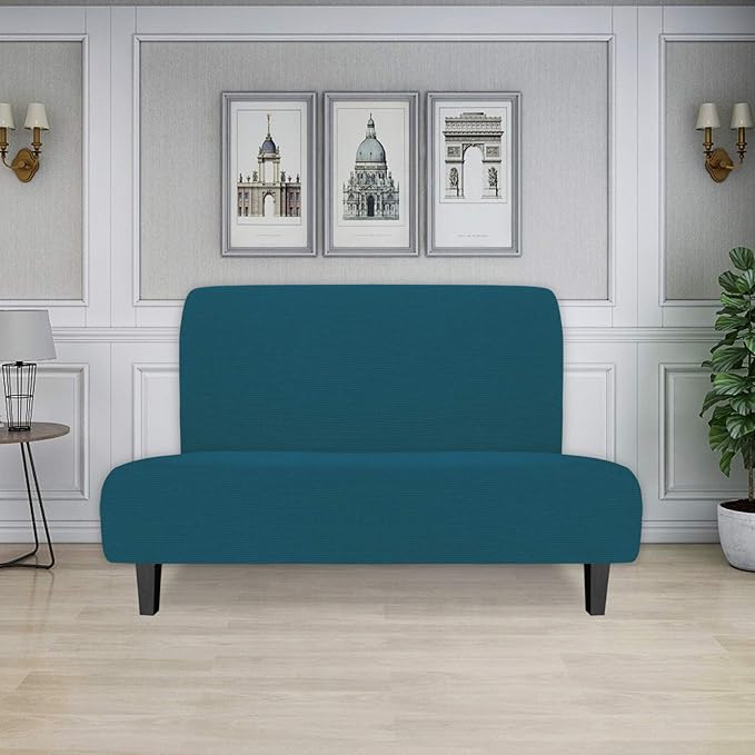 Easy-Going Stretch Futon Slipcover Armless Futon Bed Cover Furniture Protector Without Armrests with Elastic Bottom for Kids, Soft Jacquard Fabric Small Checks (Medium, Peacock Blue)