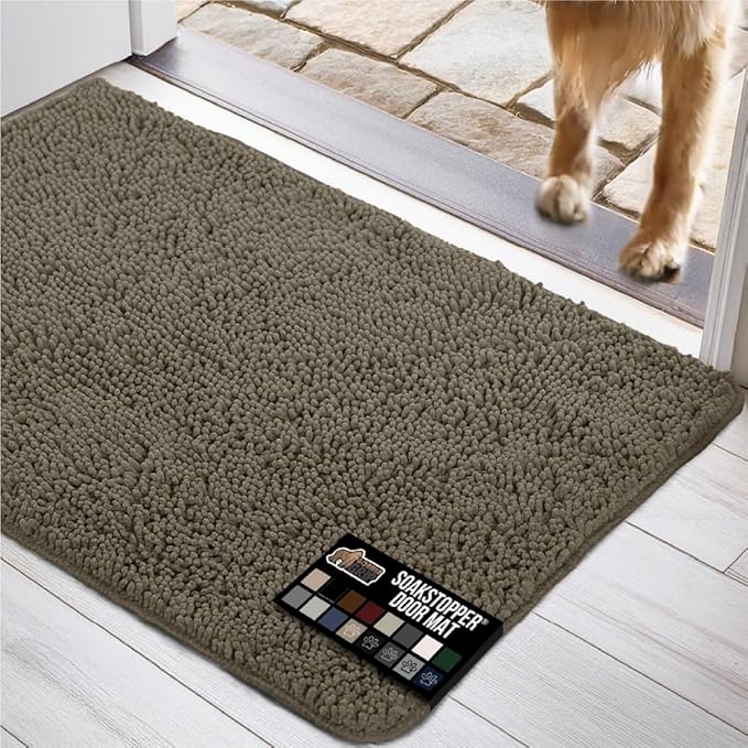 GORILLA GRIP SOAKSTOPPER Dog Door Mat, 36x24 Machine Washable Rug Absorbent Doormat Captures Moisture Mud Dirt, Quick Dry Soft Chenille Entryway Rugs Indoor Entrance Mats for Dog Paws, Cappuccino
