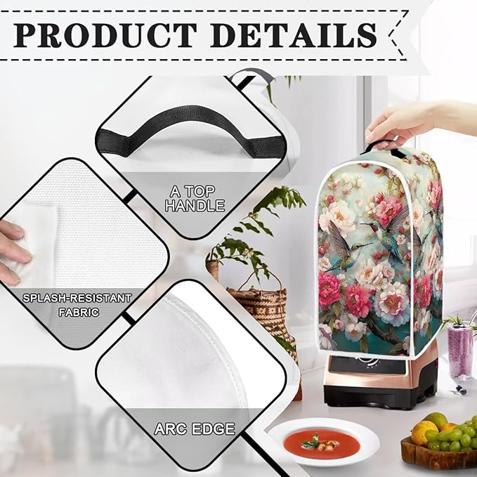 Talayituse Vintage Hummingbird Flower Print Blender Dust Cover, Fingerprint Protection Cover for Stand Mixer or Coffee Machine, Home Kitchen Appliance Covers for Stain Dust Resistant Supplies