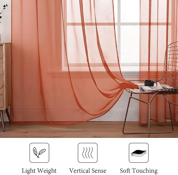 MIULEE 2 Panels Solid Color Sheer Window Curtains Elegant Window Voile Fall Panels/Drapes/Treatment for Bedroom Living Room (54X96 Inches Burnt Orange)