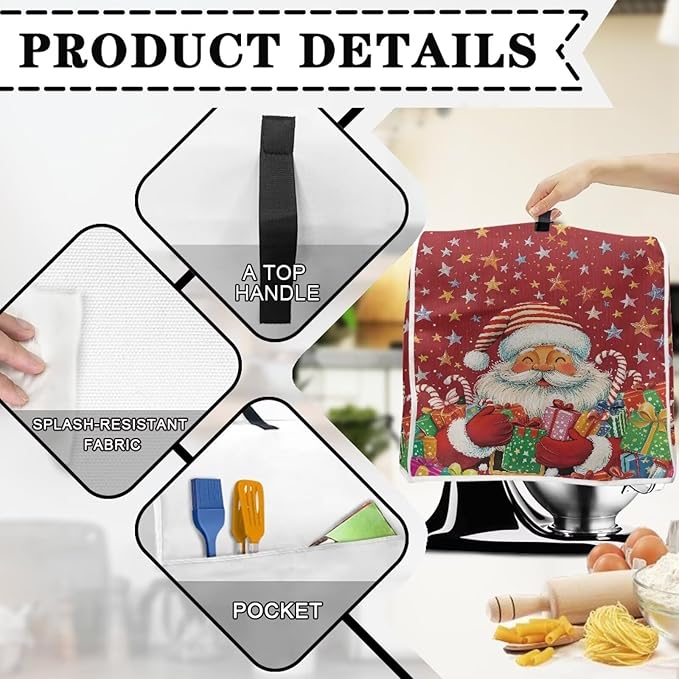 Christmas Stand Mixer Cover Dust Cover Santa Claus Red Stand Mixer Covers For Kitchen Aid 6-8 Quart Mixers Dustproof Cloth Cover for Small Appliance Protector, Christmas Tabletop Decor