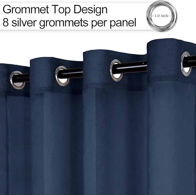 XWZO Sheer Curtains 84 Inches Long for Bedroom, Light Filtering Faux Linen Grommet Window Curtains for Living Room, Kids Room, Study with Tiebacks, Navy Blue, Set of 2 Panels, 52 x 84 Inches Long