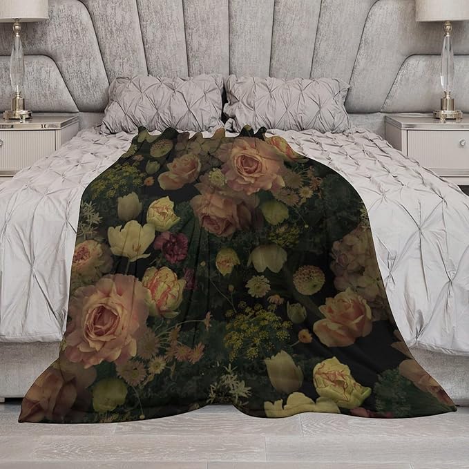 Black Floral Blanket, Rustic Watercolor Botanical Rose Peony Vintage Leaves Plant Boho Gothic Print Throw Blankets for Bed Living Room Bedding Couch Soft Decor, 60"x80"