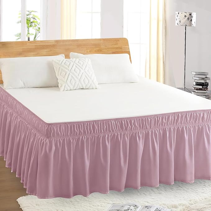 Queen Bed Skirt, Elastic Wrap Around Bed Skirt Queen Size, Bed Skirts for Adjustable Bed, Easy Fit with 18" Drop Length Tailored Drop Dust Ruffle (Pink)