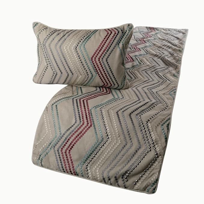 The HomeCentric King Queen Twin Beige Linen Bed Runner & Decorative Throw Pillow Cover, CA King Size 86"x18" Bed Runner & Pillow Cover, Linen & Embroidery, Chevron Modern Pattern - Dotty Chevron