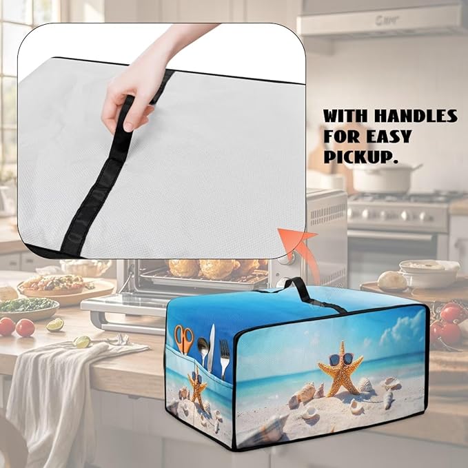 Dust Cover for Microwave Oven Heavy Duty Microwave Oven Cloth Cover with Storage Pockets Foldable Dust-Proof Kitchen Appliance Protector, Starfish Sunglasses Beach Seashell Print, S
