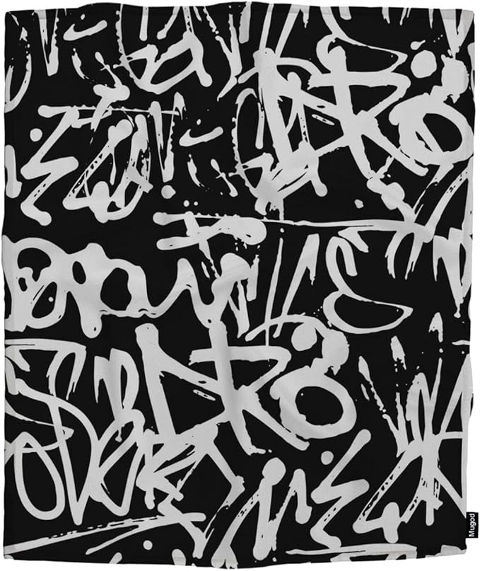 Mugod Black White Pattern Throw Blanket Graffiti Seamless Pattern with Abstract Tags Letters Decorative Soft Warm Cozy Flannel Plush Throws Blankets for Baby Toddler Dog Cat 30 X 40 Inch