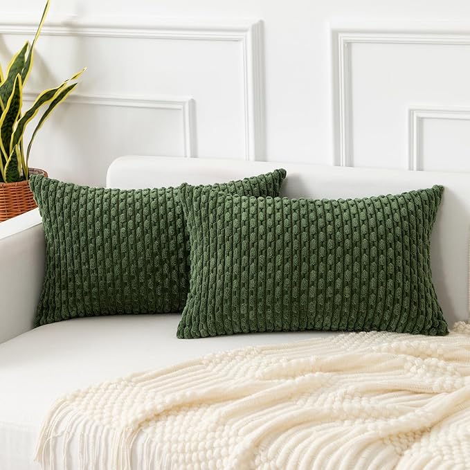 Kevin Textile 12x20 Inch Pillow Cover 1 Pack Boho Decorative Soft Striped Corduroy Lumbar Farmhouse Solid Color Accent Rectangle Cushion Case for Living Room Couch Sofa Bed, Moss Green