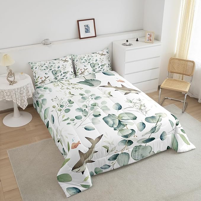 Erosebridal Girls Kawaii Animal Queen Bedding Sets Cute Shark Comforter Set, Cartoon Wildlife Down Comforter Green Leaf Bedding Comforter Sets, Spring Plant Duvet Insert Child Kids Bedroom Decor