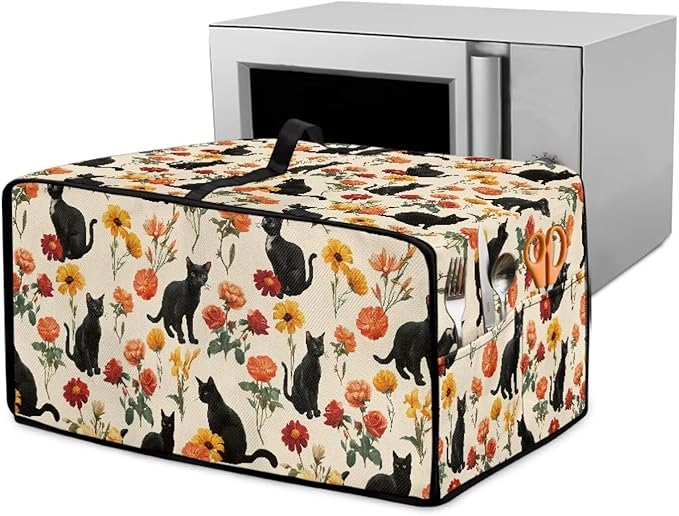 Black Cat Rose Daisy Floral Print Microwave Oven Cover with Storage Pockets Toaster Oven Dust Cover Universal Dustproof Kitchen Appliance Protector Suitable for Most Microwave Ovens, M
