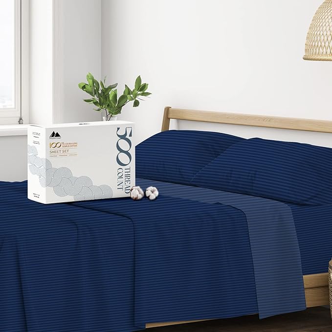 Mayfair Linen 100% Cotton Striped Sheets California King Size Bed Set - 500 Thread Count Damask Sheets Cal King Size 4 PC Set (Navy Blue Stripe), Soft, Cooling, Sateen Weave 16" Deep Pocket Bedsheet