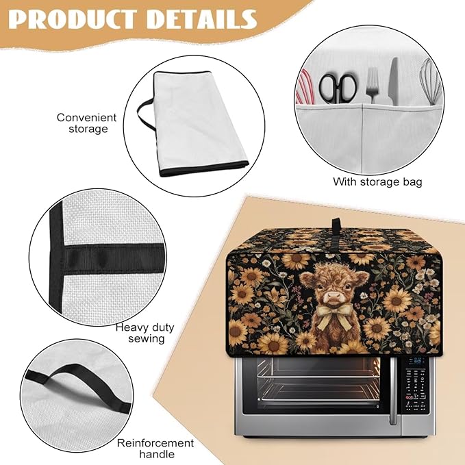 Cute Highland Cattle Print Toaster Oven Cover Heavy Duty Microwave Oven Dust Cover Sunflower Daisy Print Dust-Proof Universal Kitchen Machine Covers Suitable for Most Microwave Ovens, S