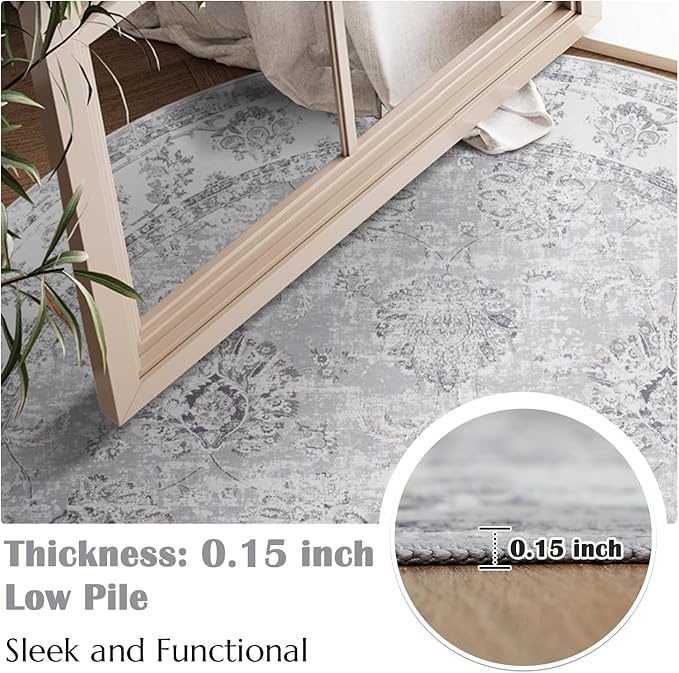 jinchan Fiora Round Rug 5ft Area Rugs Vintage Floral Distressed Design - Machine Washable Non-Slip Low-Pile Ultra-Thin Circle Rug for Entryway Bedside Living Room Dining Room Bedroom (5' Round, Grey)