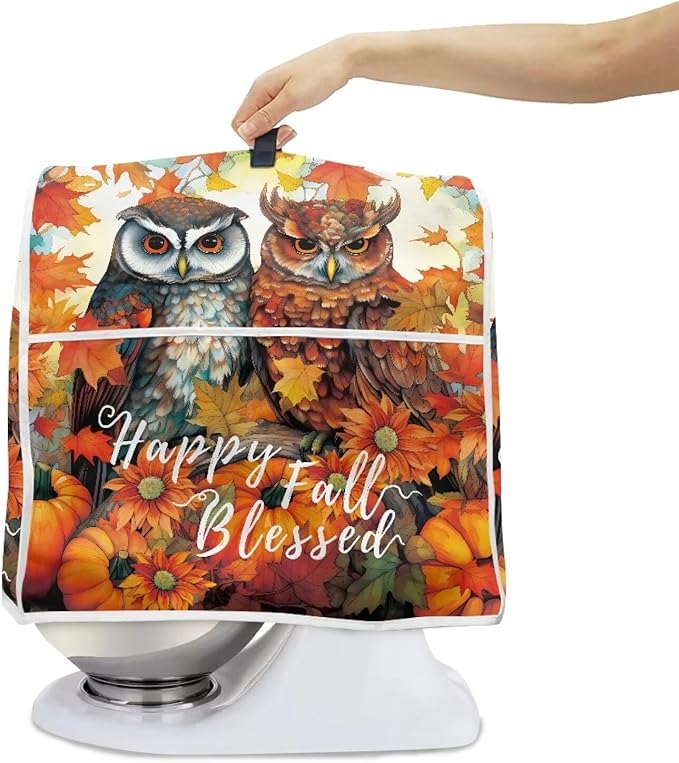 Owl Stand Mixer Cover Compatible with 4.5-5 Quart, Autumn Pumpkin Kitchen Appliance Cover Universal for Air Fryers Maple Leaf Coffee Makers Pressure Cooker Cover Thanksgiving Kitchen Decor
