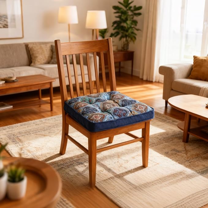 Bohemian Square Seat Cushions for Kitchen Dining Living Tea Room,16.5" x 16.5" Printing Velvet Chair Pads with Non-Slip Ties, 2Packs, Blue