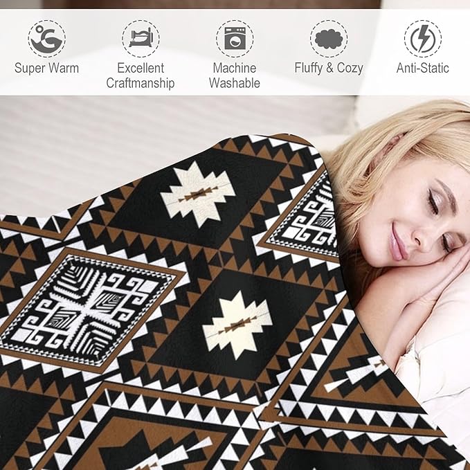 Rustic Western Throw Blanket, Southwestern Bohemian Ethnic Style Native Aztec Pattern Flannel Blanket for Sofa Bed, All Seasons 60"x80"