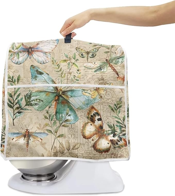 Butterfly Mixer Covers for Stand Mixers 4.5-5 Quart Vintage Stand Mixer Cover for Small Kitchen Appliance Food Processor Cover with Top Handle and Accessories Pocket Farmhouse Home Decor
